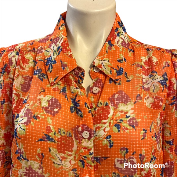 ModCloth sheer Orange floral button up Long sleeved blouse - Picture 2 of 8